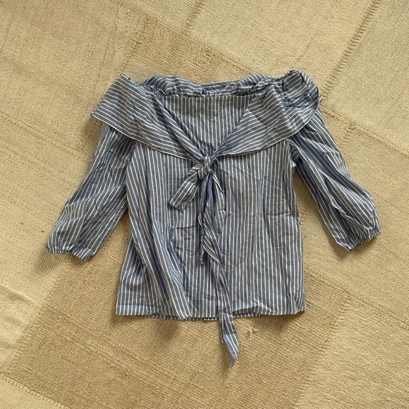 Anthropologie Pleione Off Shoulder Bow Top in Blue White Stripe - Picture 4 of 6